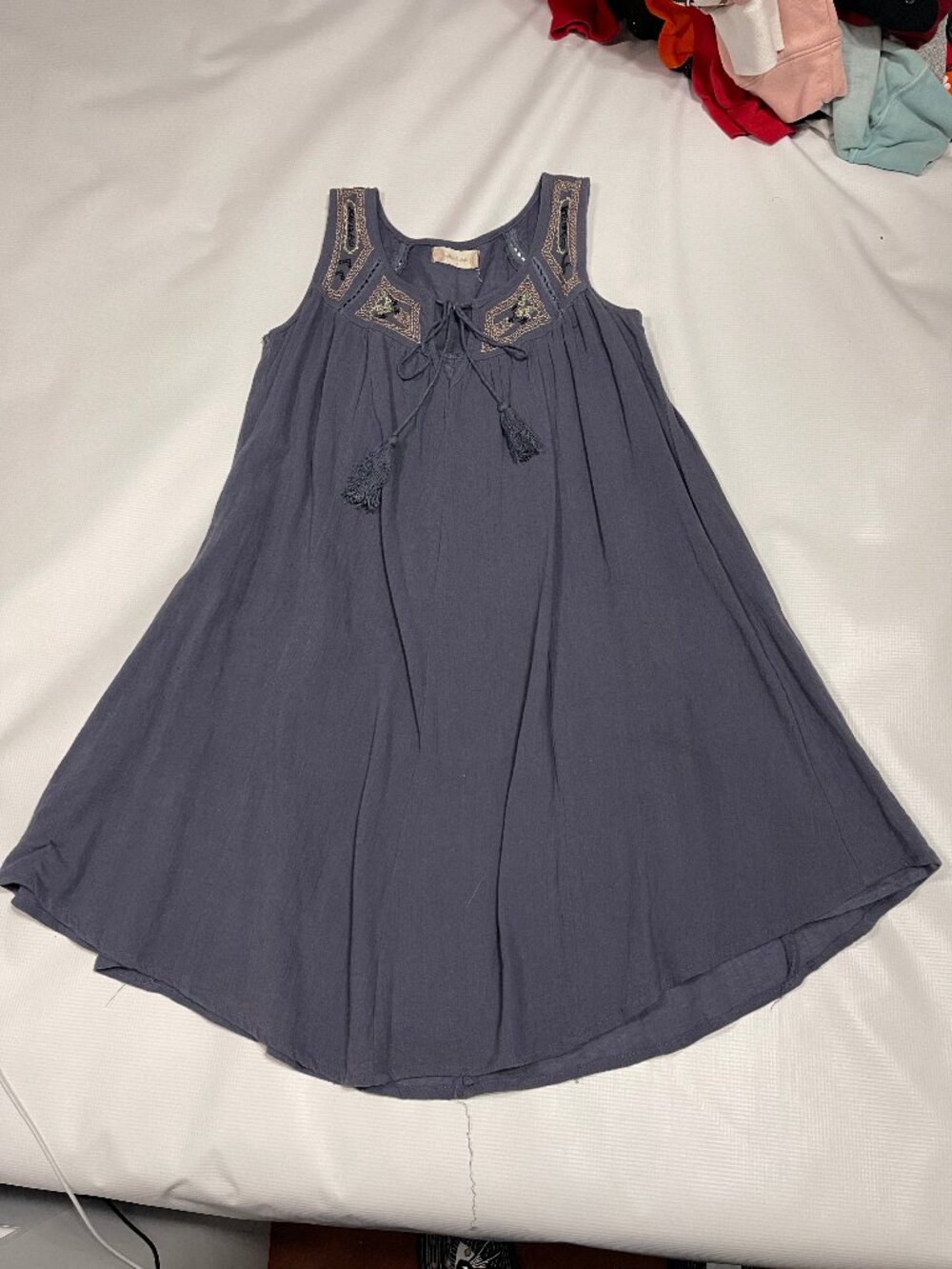 Altar'd State Dusty Blue Embroidered Tassel-Tie Sleeveless Tunic Mini Dress, Siz